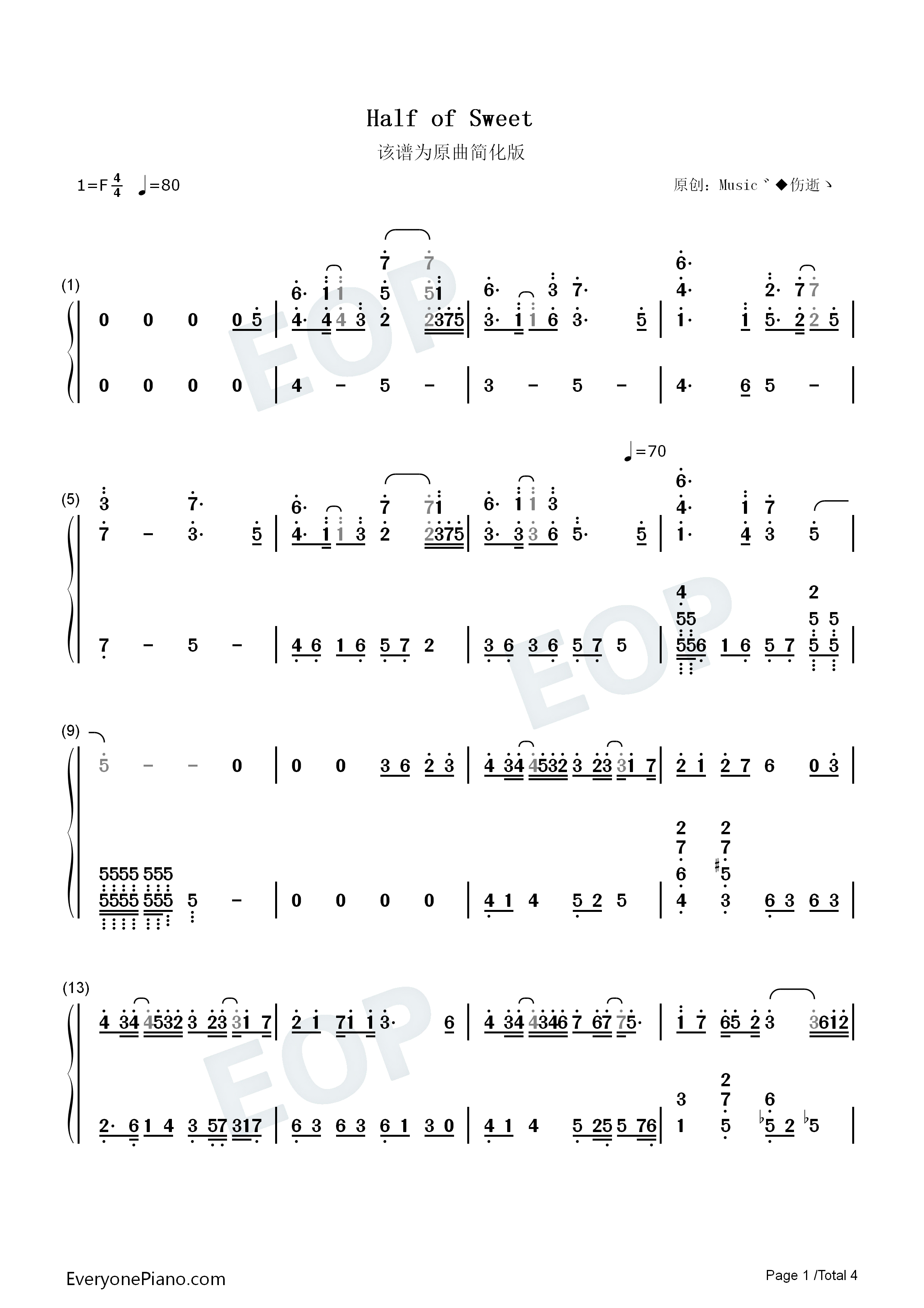 Half_of_Sweet钢琴简谱_Music゛◆伤逝ゝ演唱