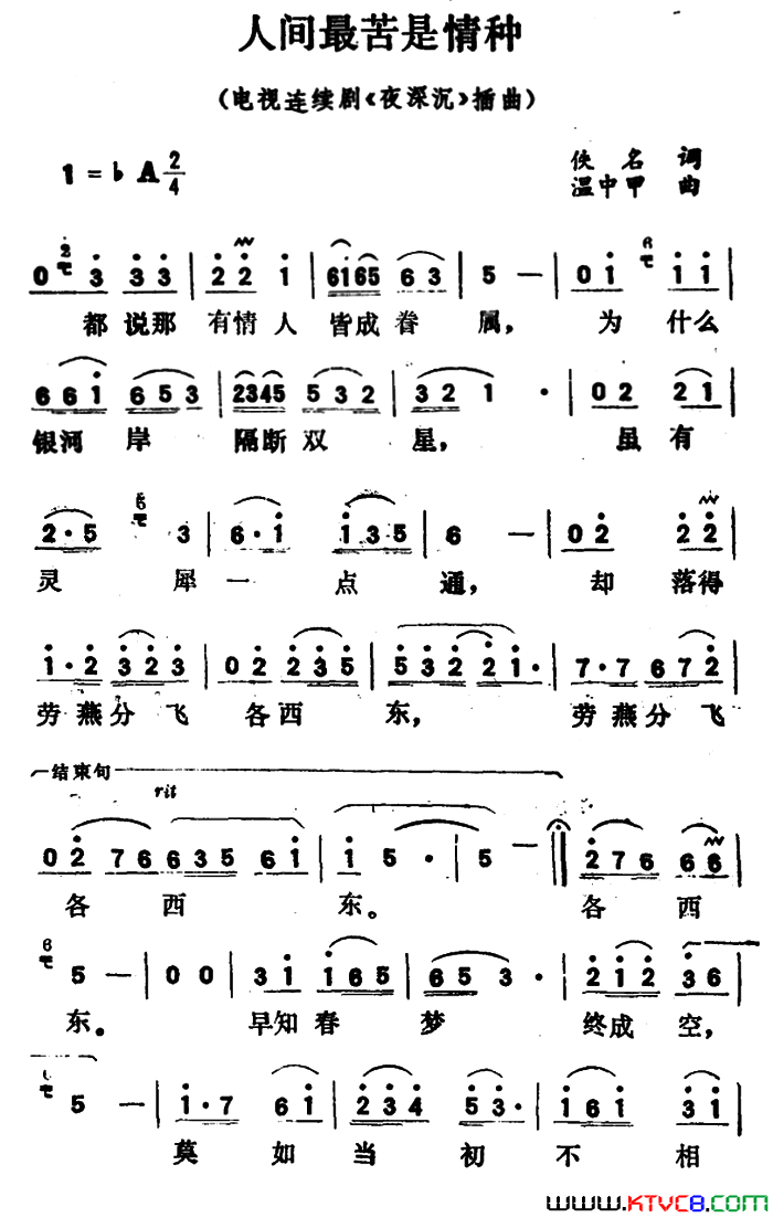 人间最苦是情种电视连续剧_夜深沉_插曲简谱_田震演唱_作曲：温中甲词曲