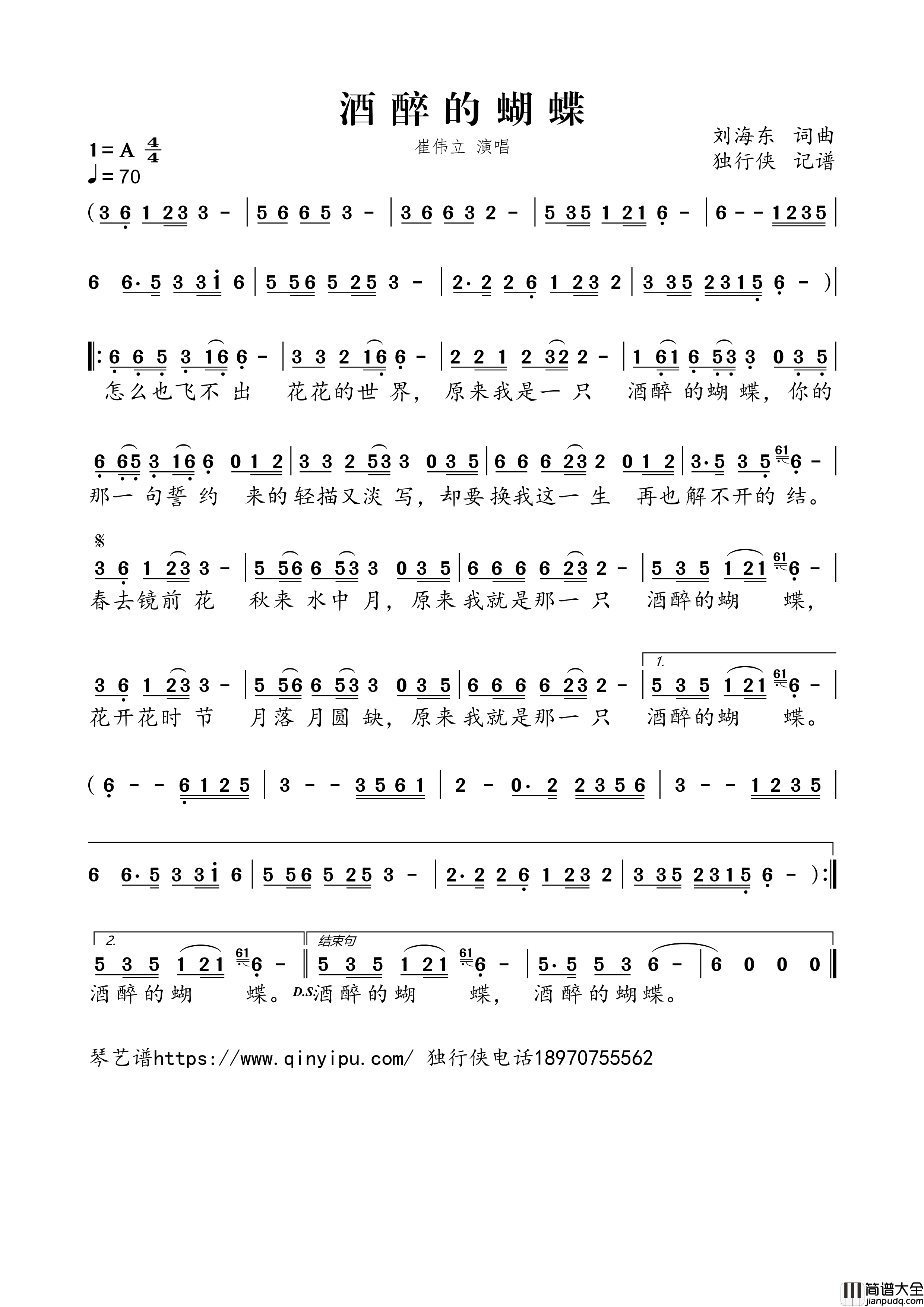 酒醉的蝴蝶简谱歌词_崔伟立演唱