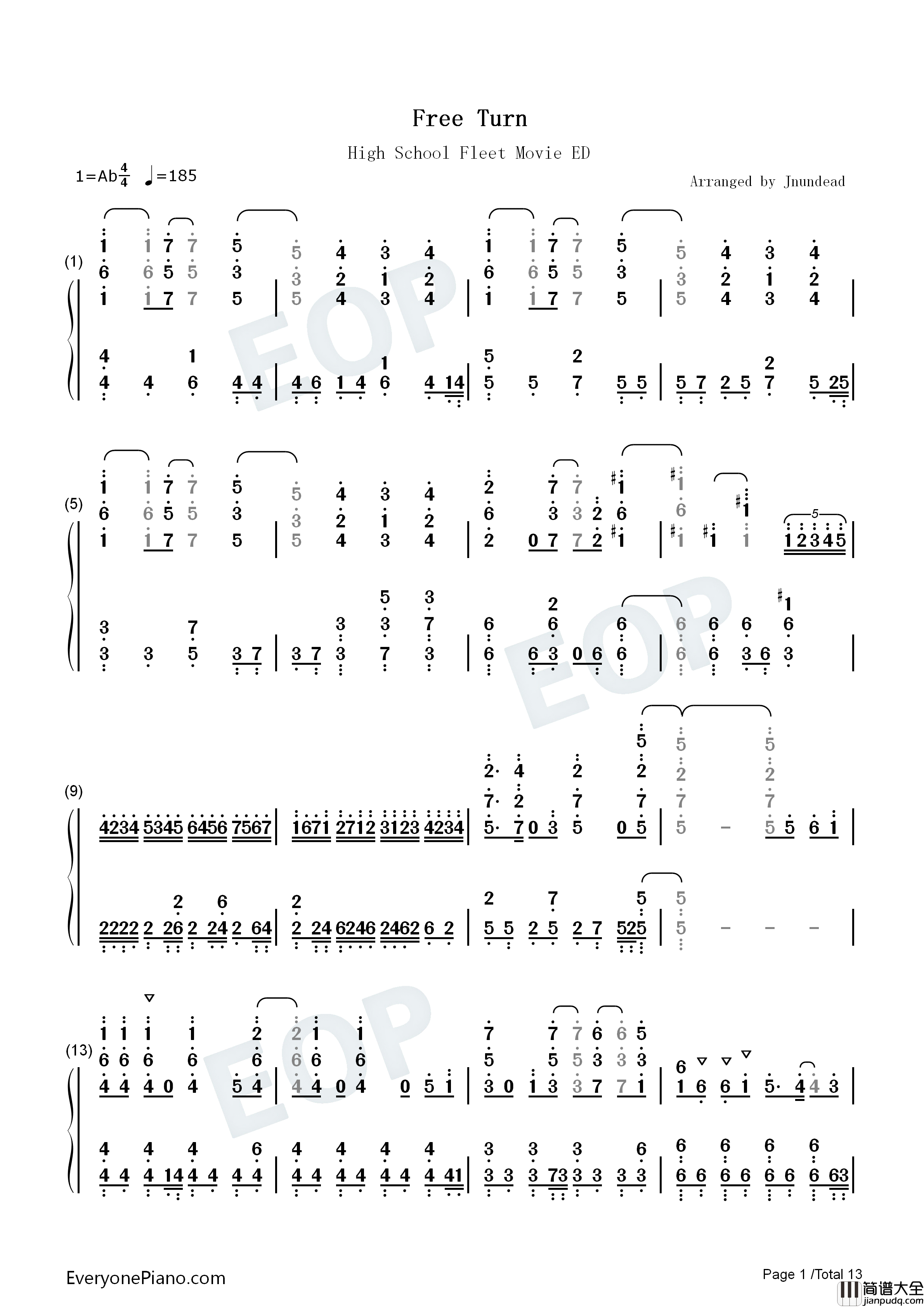 Free_Turn钢琴简谱_TrySail演唱