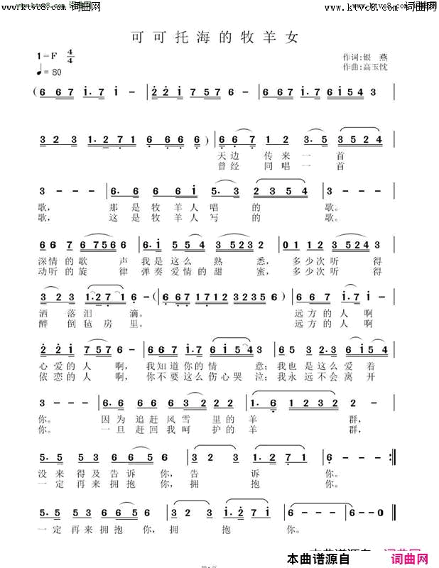 可可托海的牧羊女简谱_梅茜演唱_银燕/高玉忱词曲