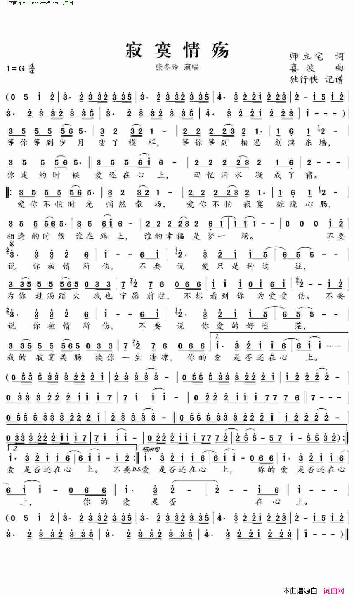 寂寞情殇_DJ阿远版简谱_张冬玲演唱_师立宅/喜波词曲