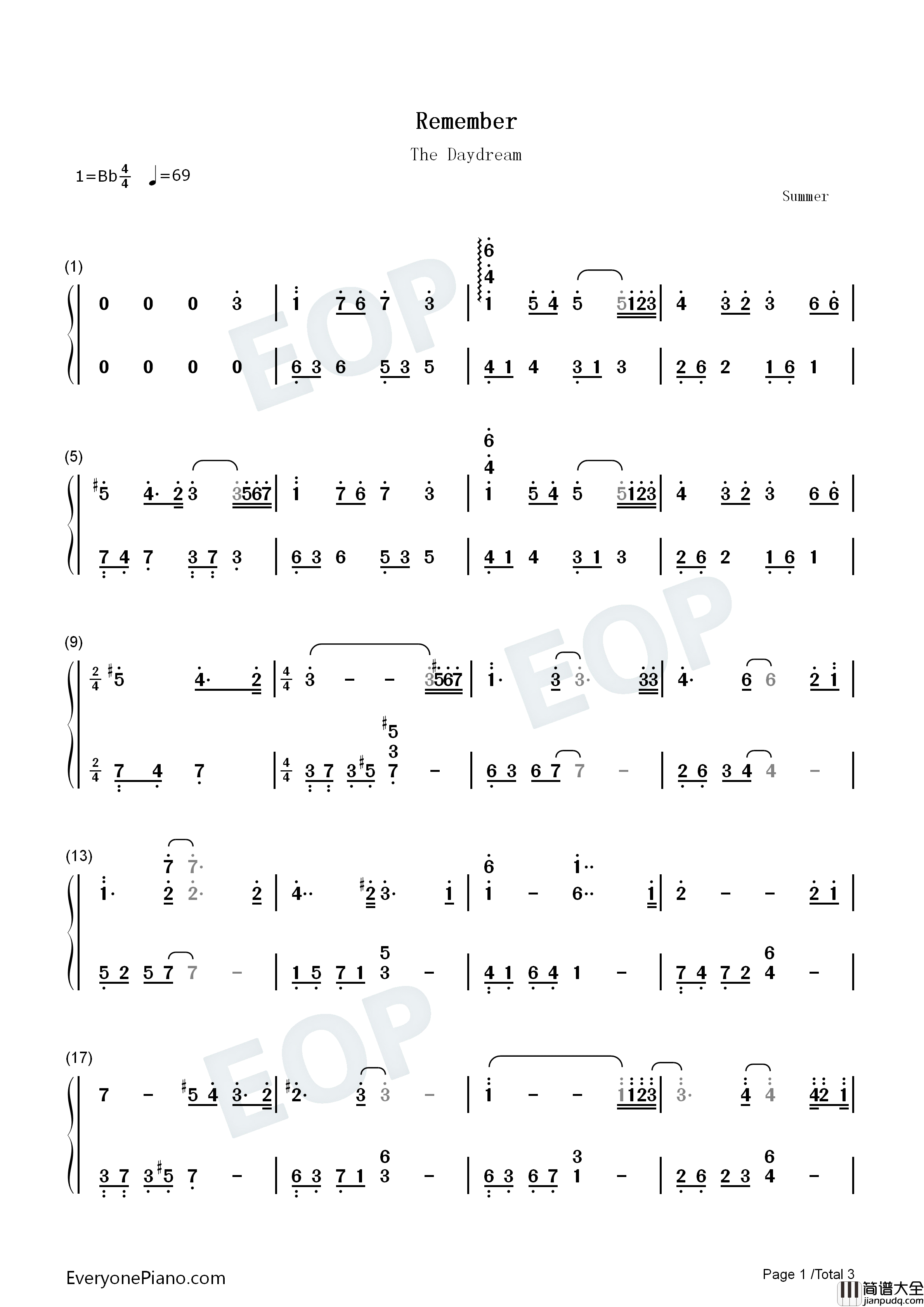 Remember钢琴简谱_The_Daydream演唱