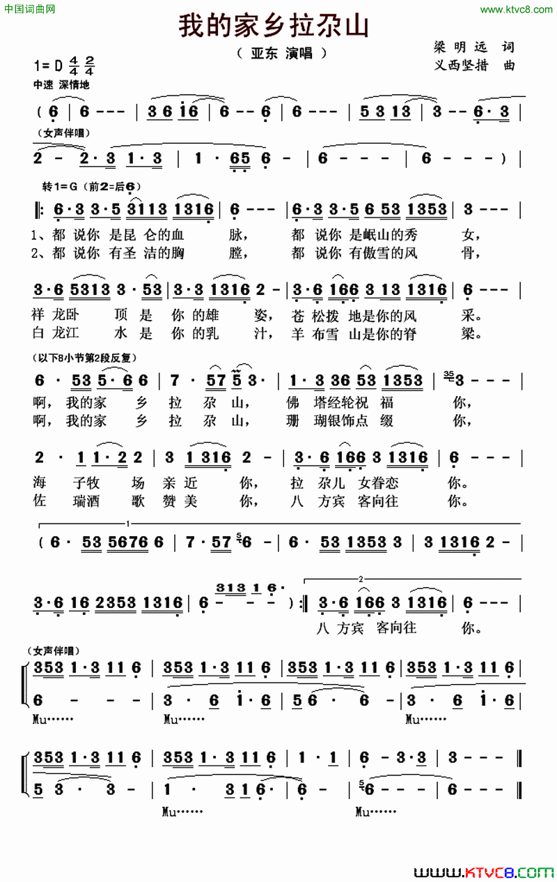 我的家乡拉尕山简谱_亚东演唱_梁明远/义西坚措词曲
