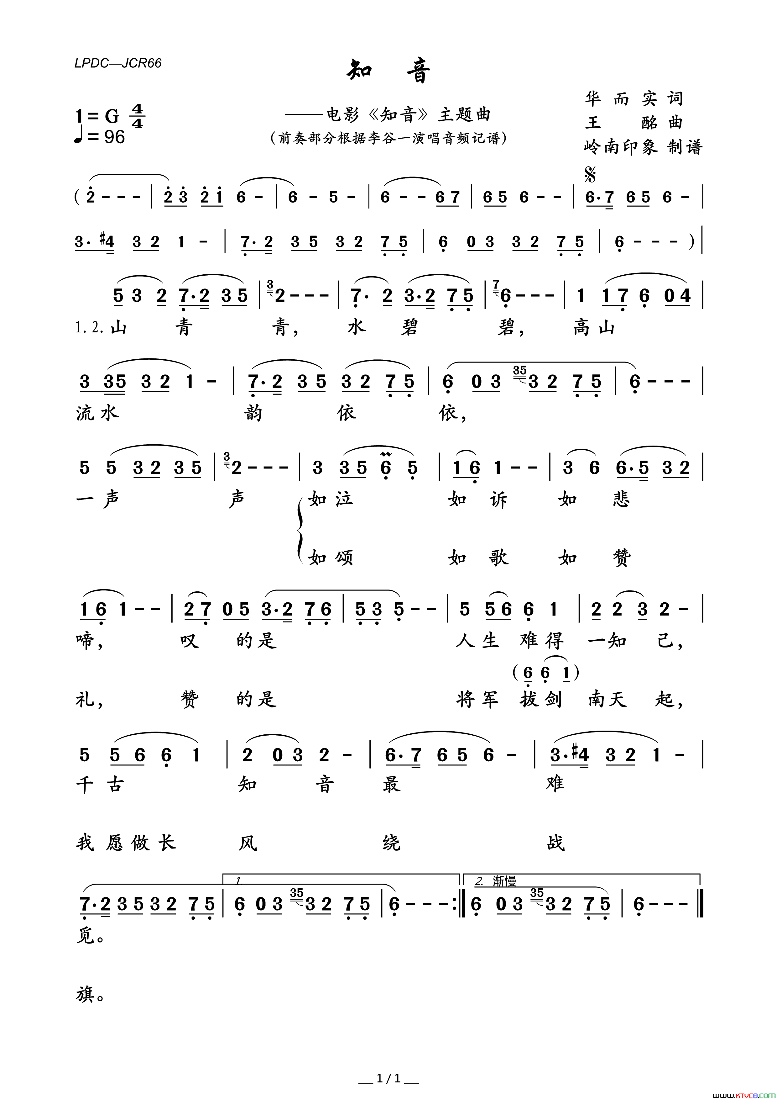 知音电影_知音_主题曲简谱_李谷一演唱_华而实/王酩词曲