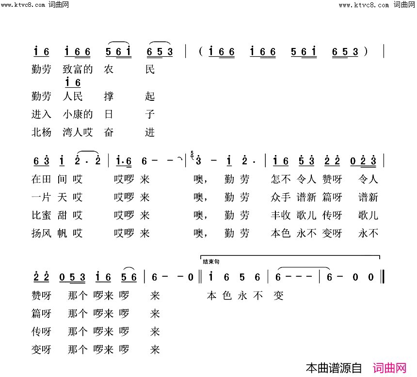 北杨湾人勤劳赞(乡村民谣北杨湾人勤劳赞独唱)简谱_李中华演唱_杨胜曲谱