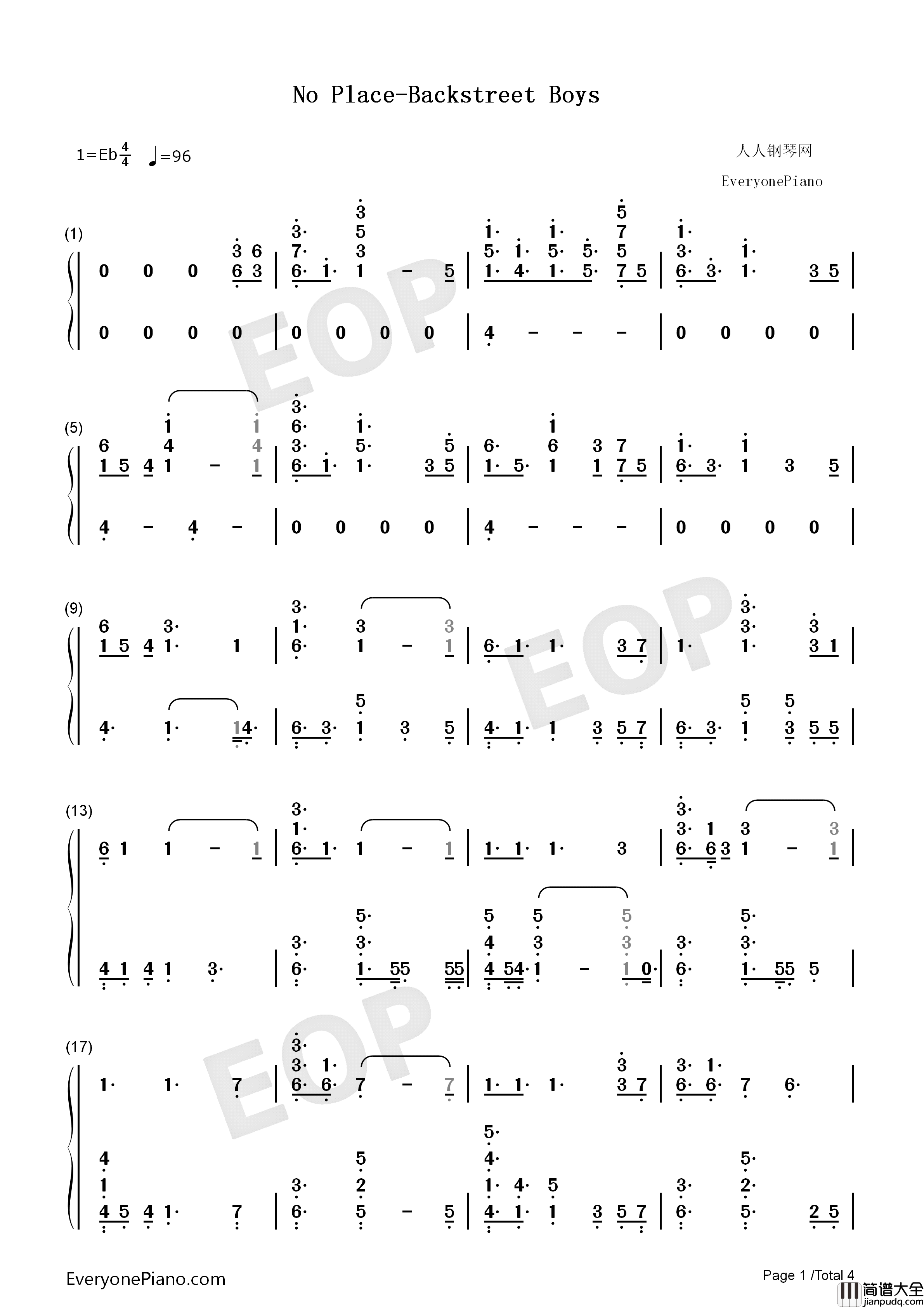 No_Place钢琴简谱_Backstreet_Boys演唱