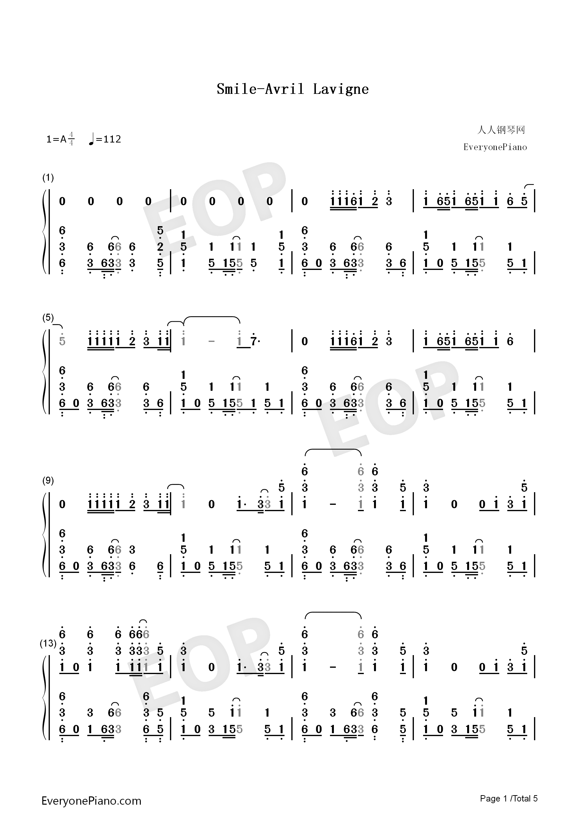 Smile钢琴简谱_Avril_Lavigne演唱