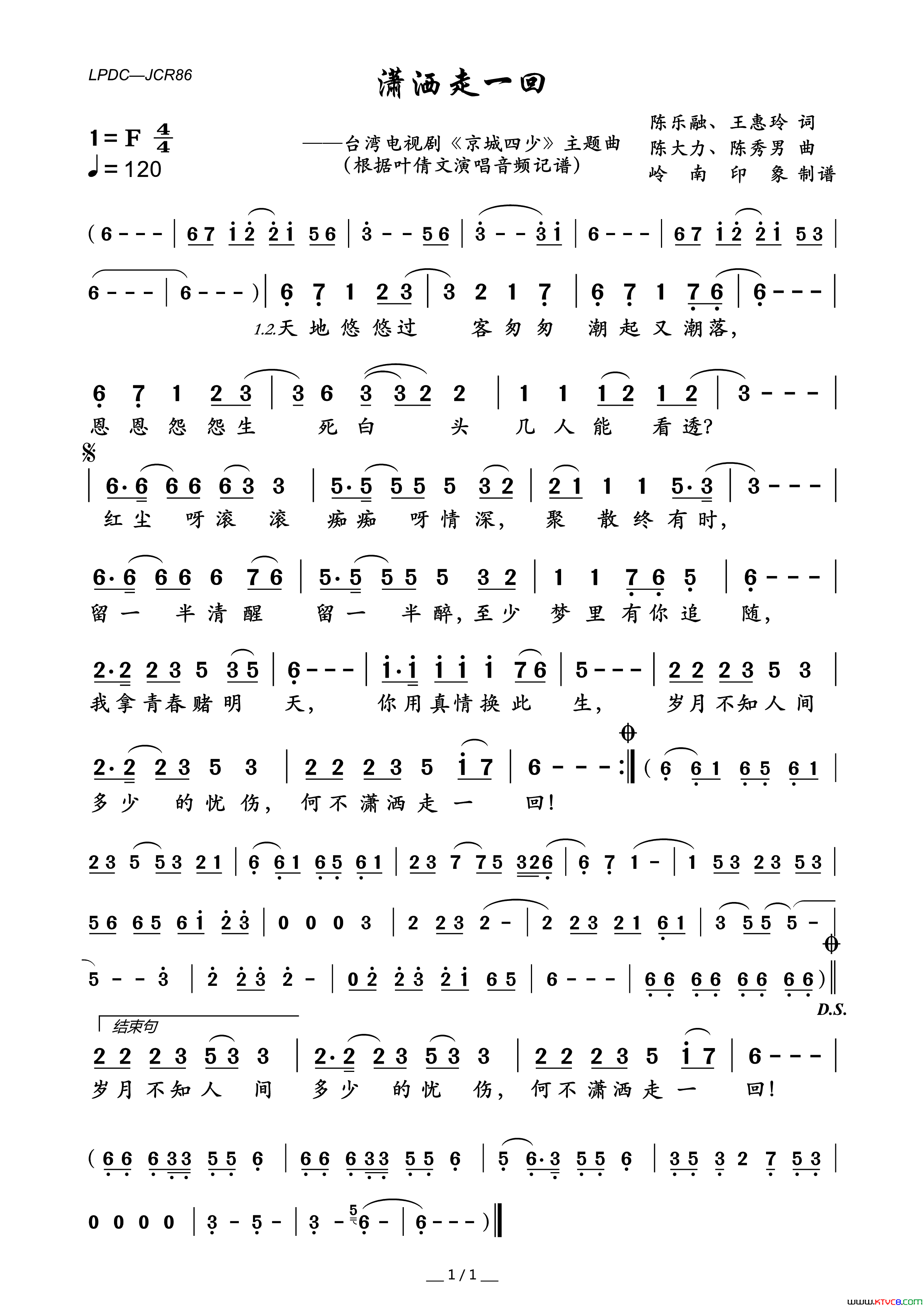潇洒走一回台湾电视剧_京城四少_主题曲简谱_叶倩文演唱