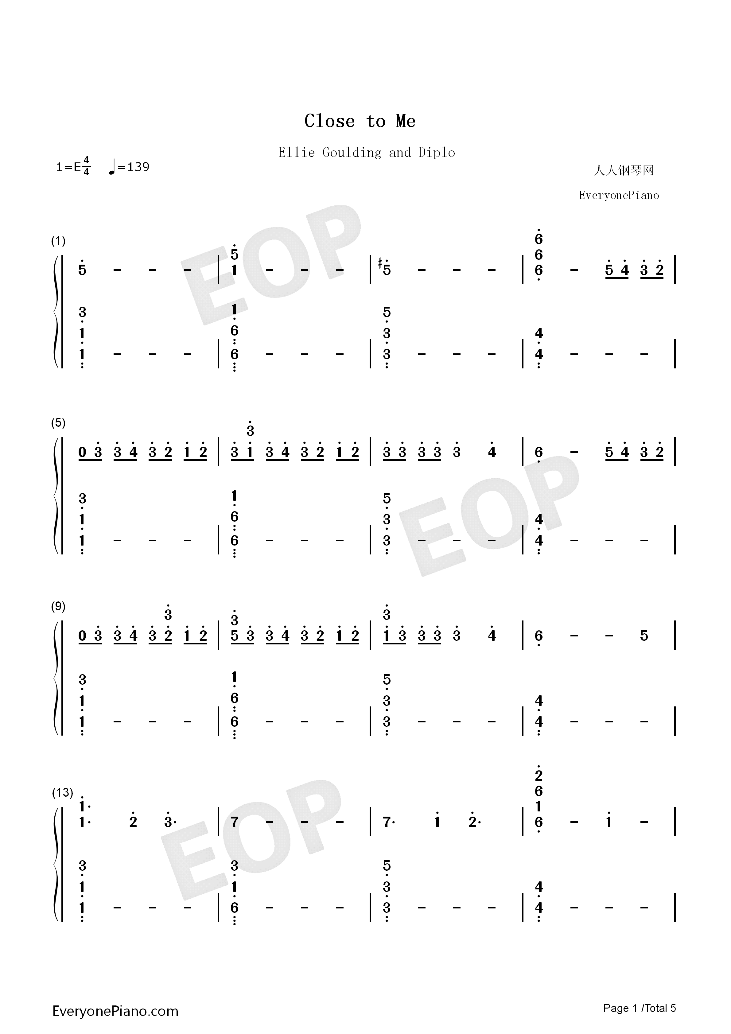 Close_to_Me钢琴简谱_Ellie_Goulding_Diplo演唱