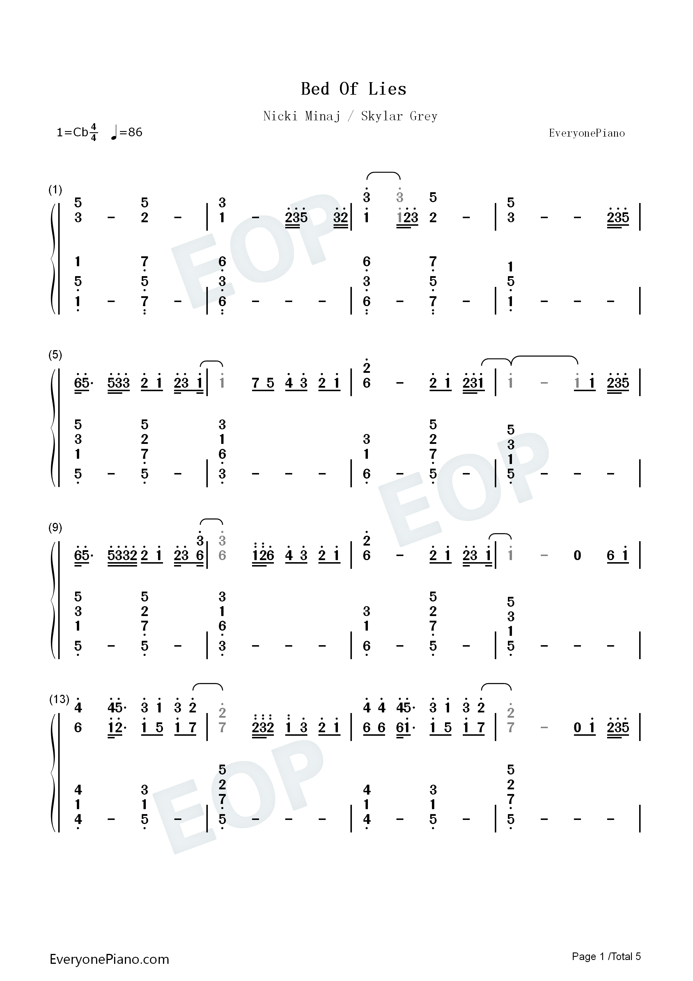 Bed_of_Lies钢琴简谱_Nicki_Minaj_&_Skylar_Grey演唱