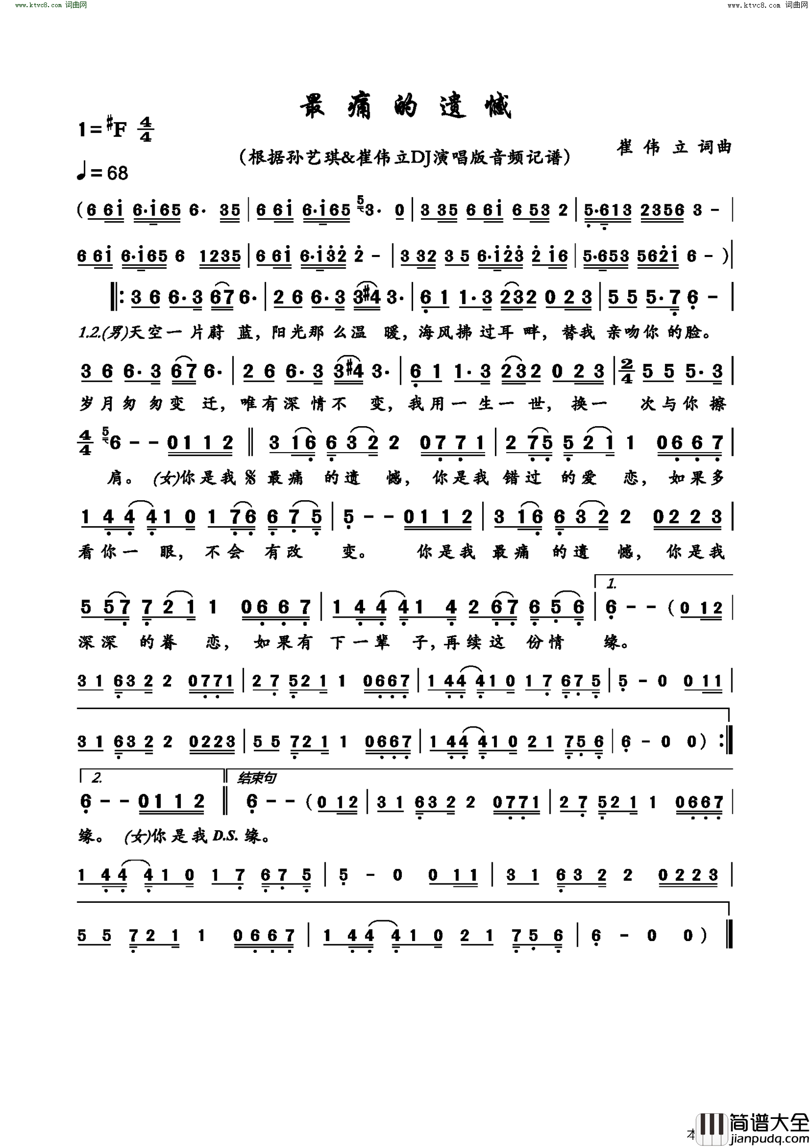 最痛的遗憾简谱_孙艺琪演唱_崔伟立/崔伟立词曲