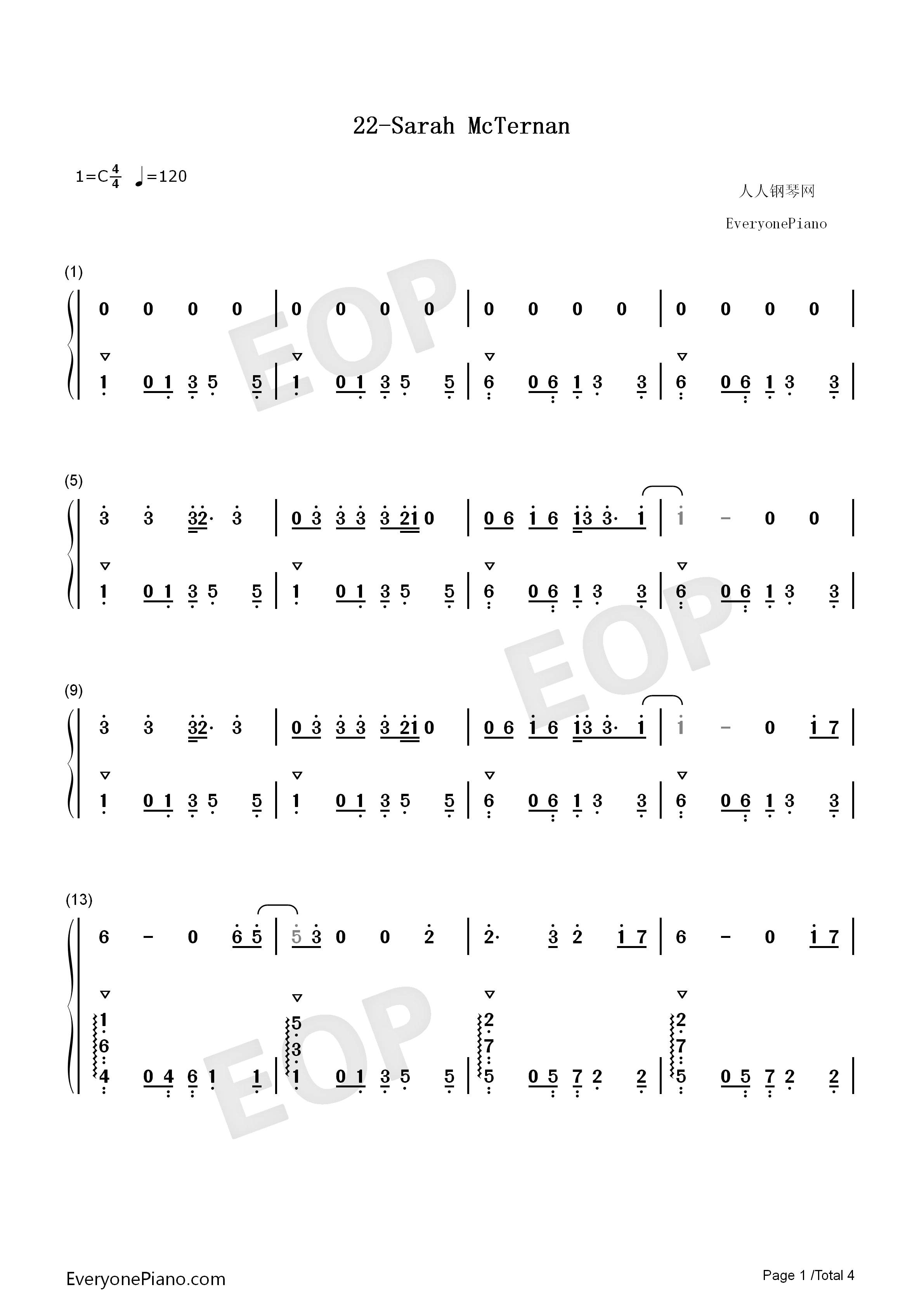 22钢琴简谱_Sarah_McTernan演唱