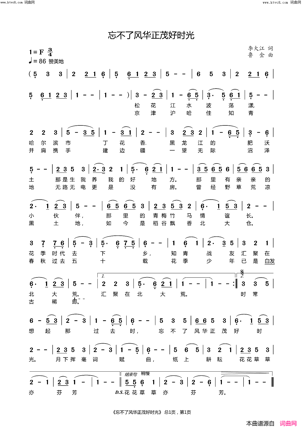忘不了风华正茂好时光简谱_鲁金演唱_鲁金曲谱