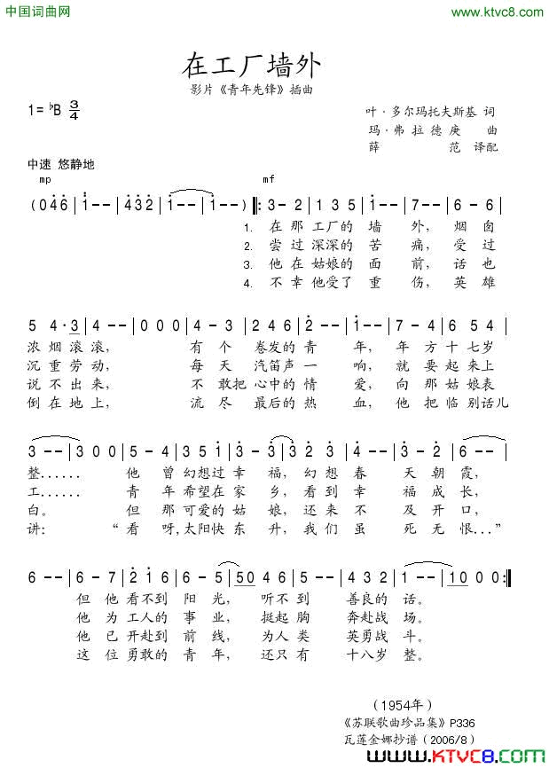 在工厂的墙外影片_青年先锋_插曲简谱