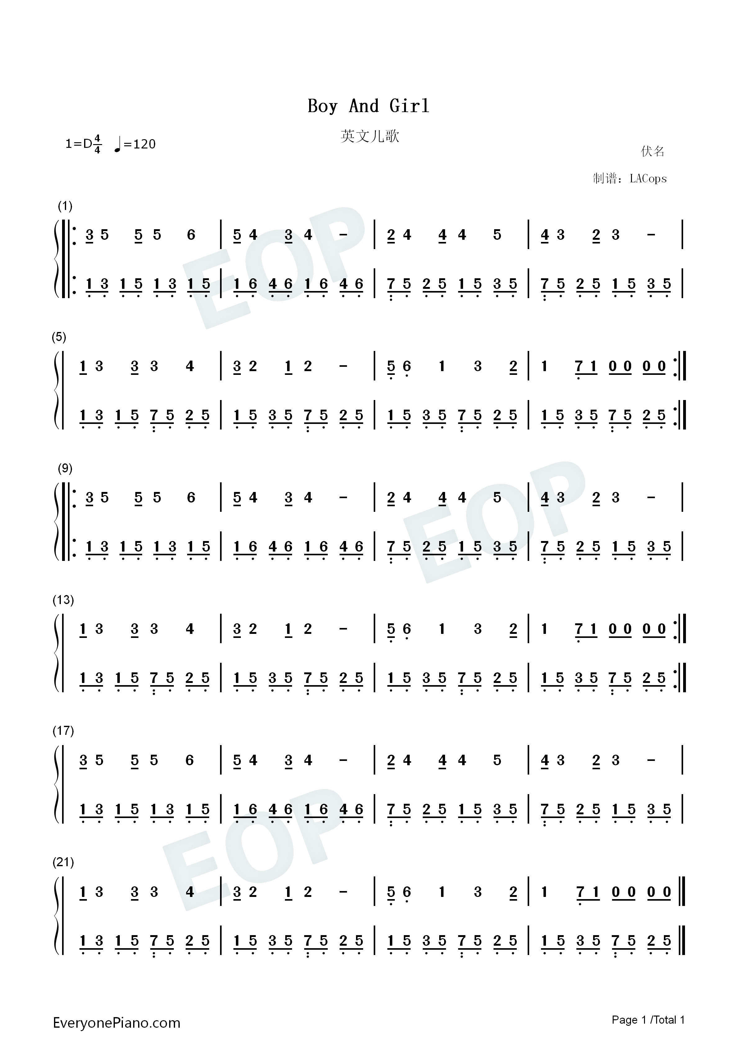 Boy_And_Girl钢琴简谱_未知演唱