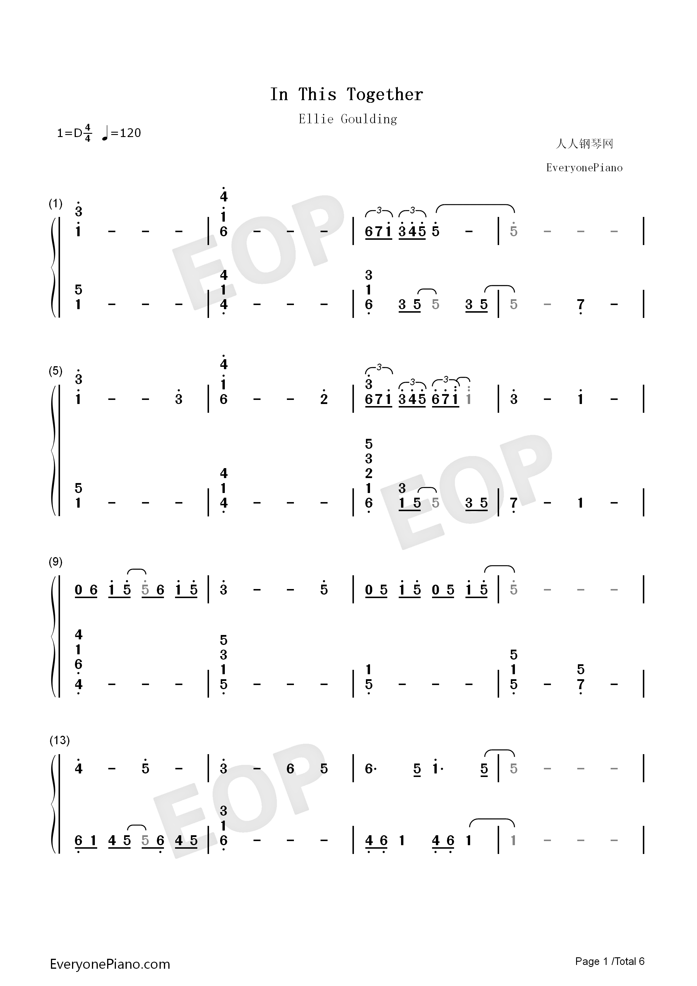 In_This_Together钢琴简谱_Steven_Price_Ellie_Goulding演唱