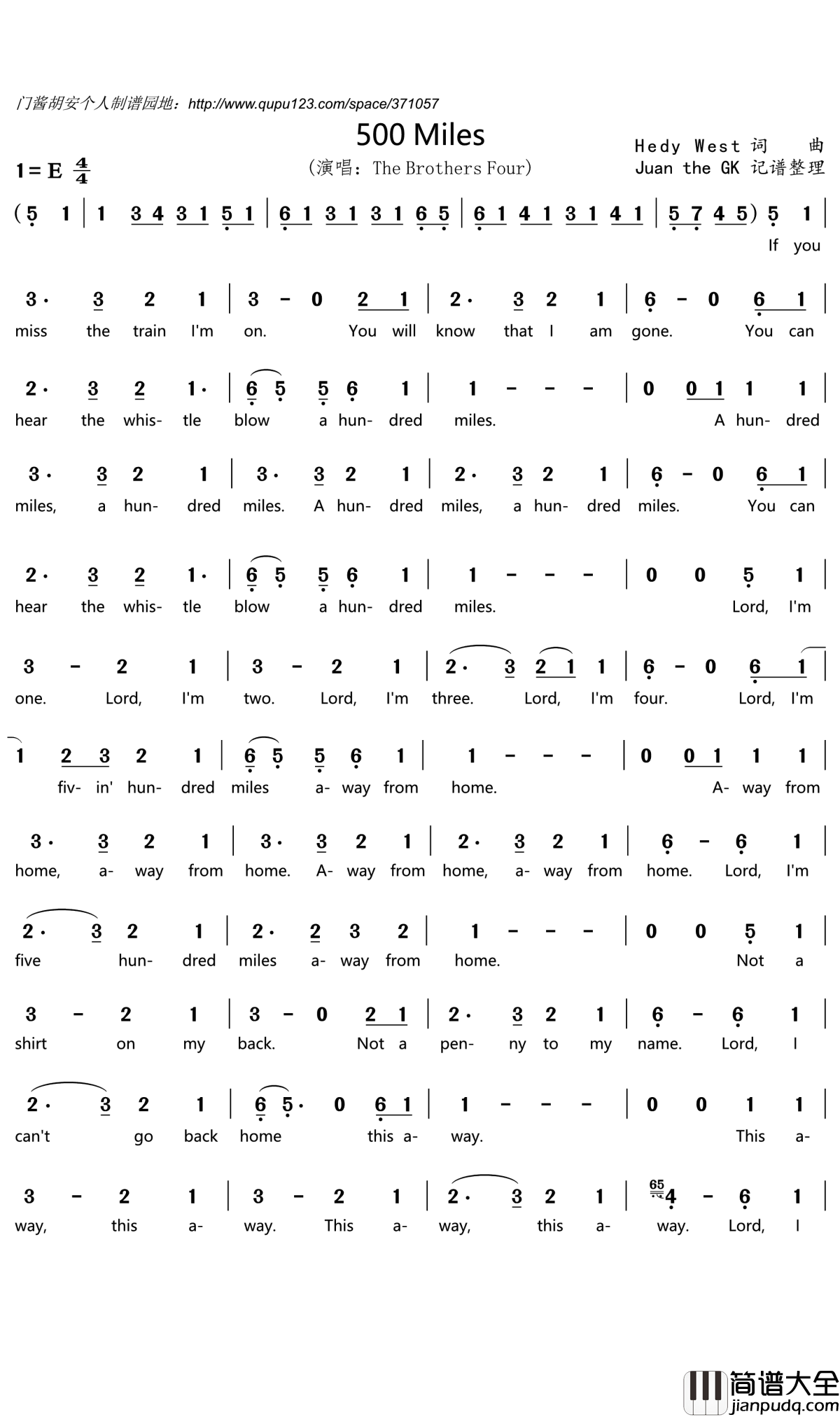 500_Miles简谱(歌词)_Thebrothersfour演唱_门酱胡安曲谱