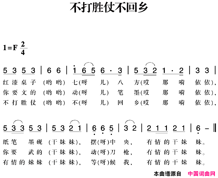 赣南闽西红色歌曲：不打胜仗不回乡简谱