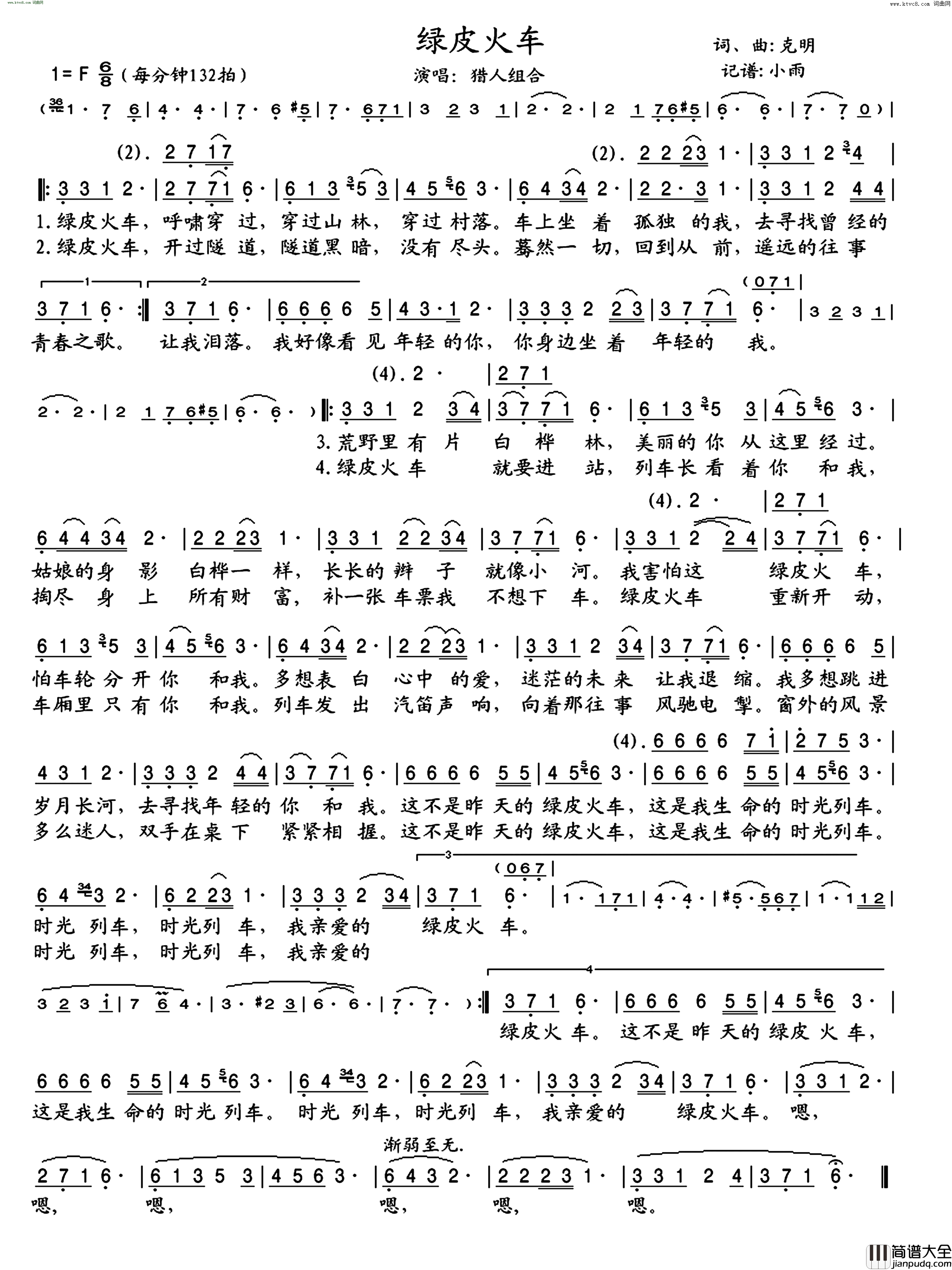 绿皮火车猎人组合演唱版简谱_猎人组合演唱_克明/克明词曲