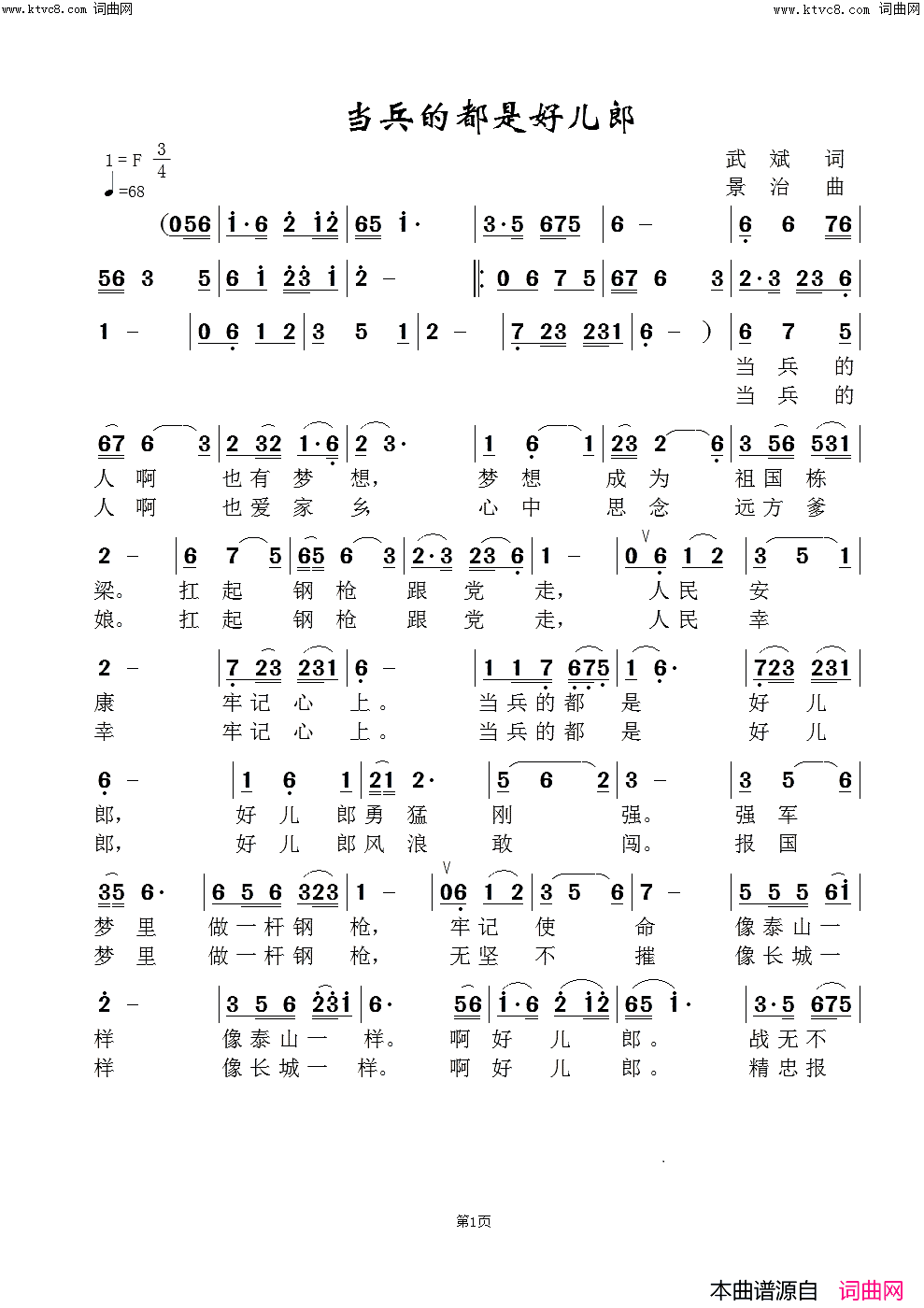 当兵的都是好儿郎简谱_景广云演唱_武斌/范景治词曲