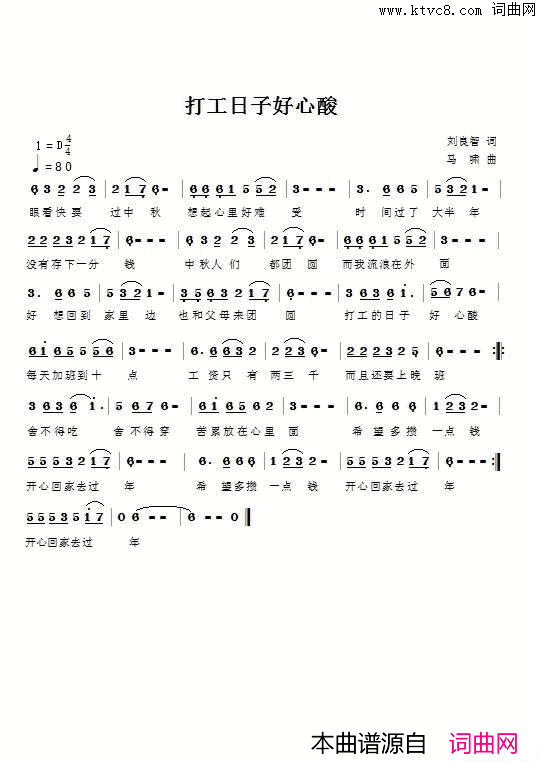 打工日子好辛酸简谱_马啸演唱_刘良智/马啸词曲