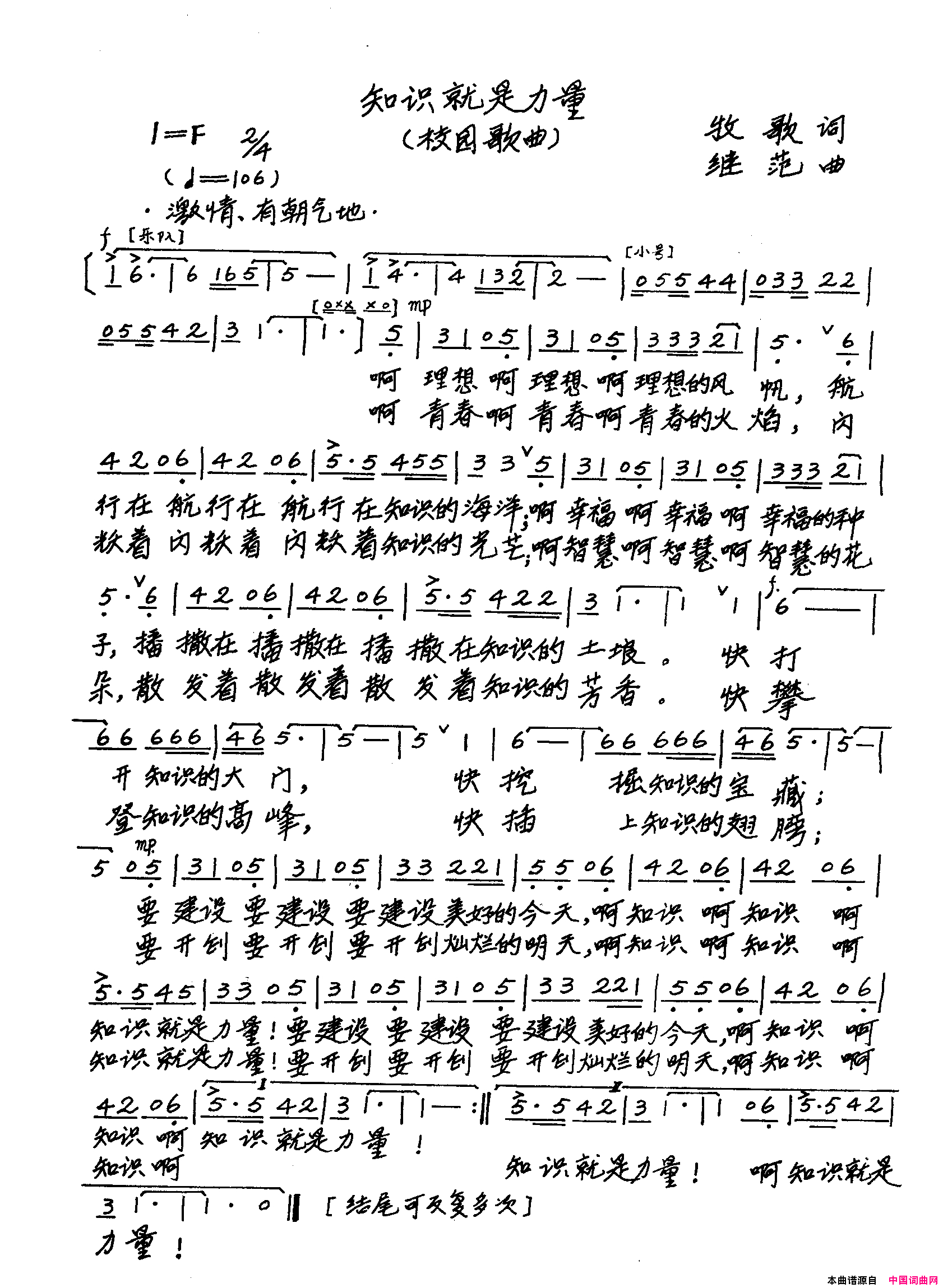 知识就是力量校园歌曲简谱