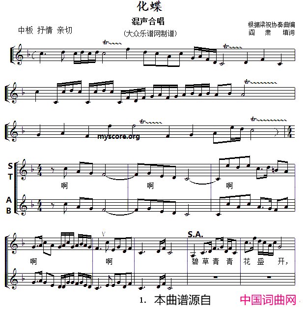 化蝶五线谱简谱