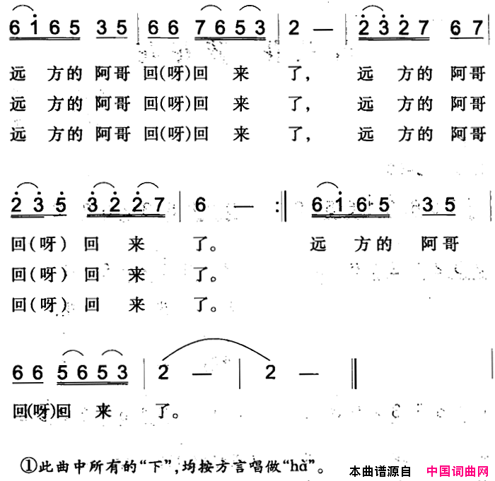 远方的阿哥回来了简谱
