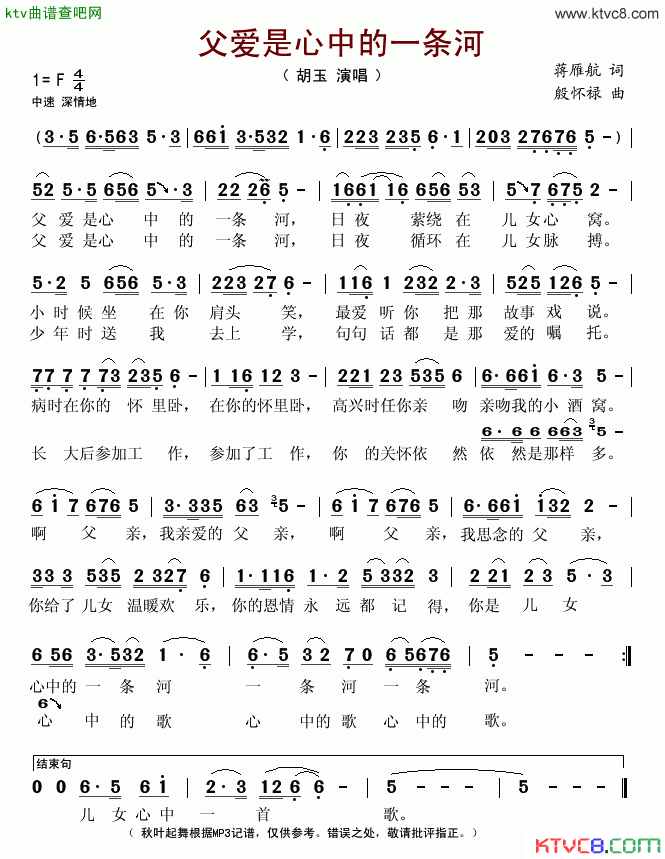 父爱是心中的一条河简谱_胡玉演唱