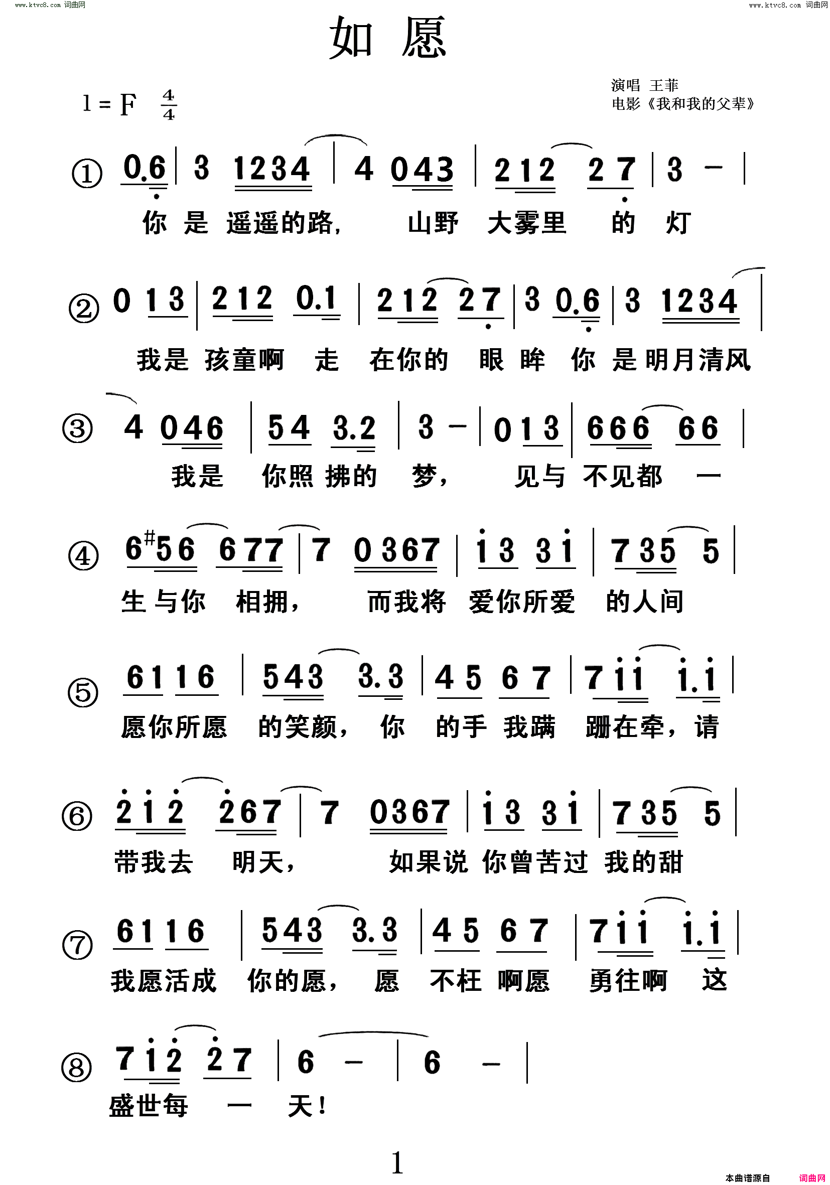 如愿电影_我和我的父辈_简谱_王菲演唱