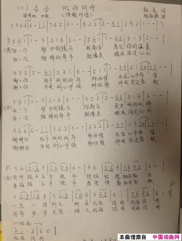 风雨同舟简谱_张淑艳演唱_程亮/张淑艳词曲