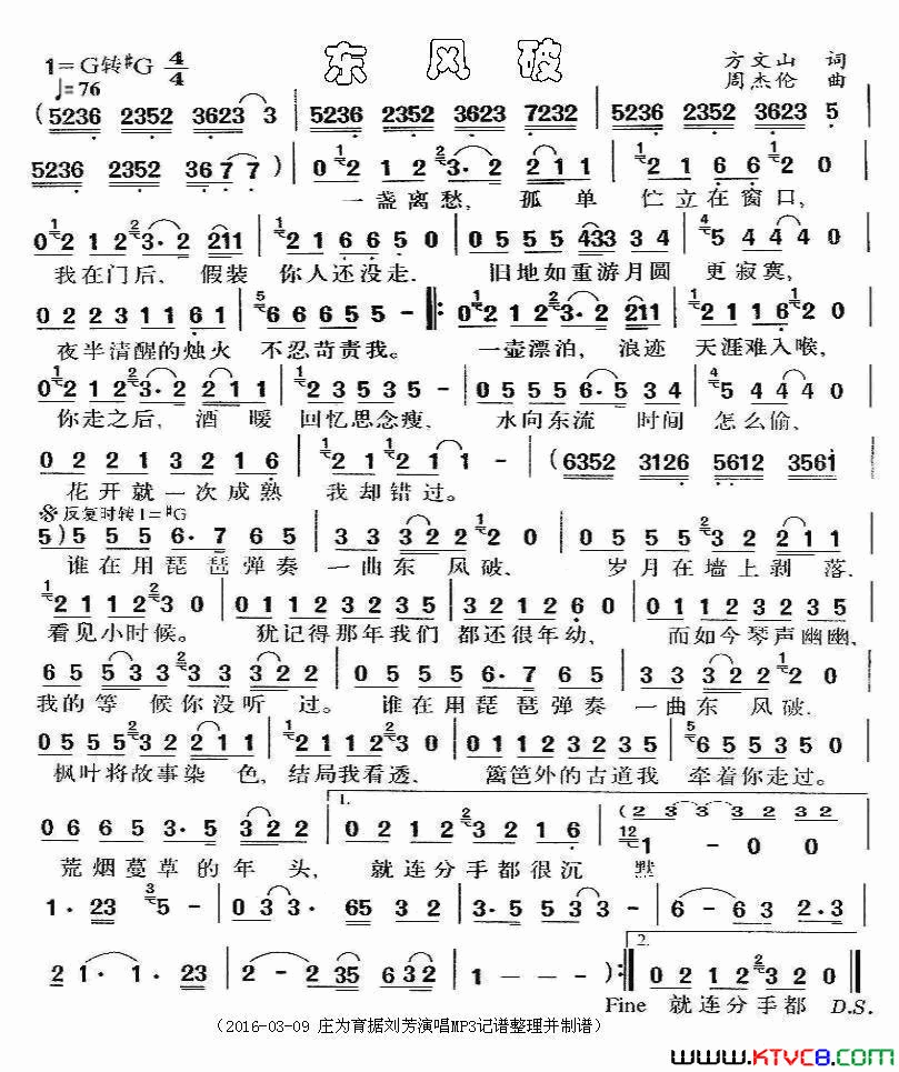 东风破刘芳演唱版简谱_刘芳演唱_方文山/周杰伦词曲