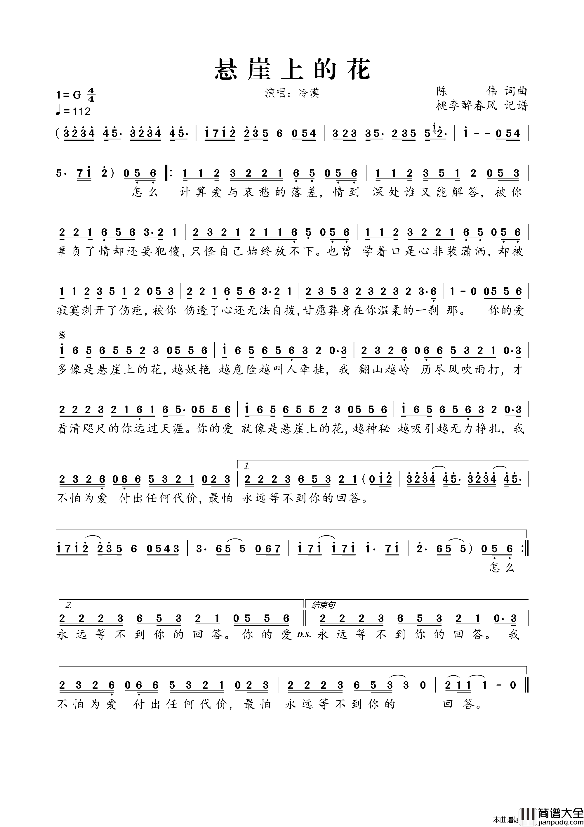 悬崖上的花简谱_冷漠演唱_陈伟/陈伟词曲