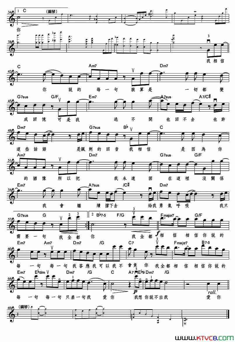 我全都相信五线谱、带和弦简谱_温岚演唱_吴克群/吴克群词曲
