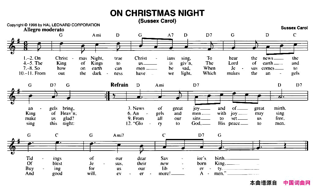 ONCHRISTMASNIGTHSUSSEXCAROLON_CHRISTMAS_NIGTHSUSSEX_CAROL简谱
