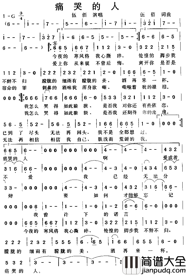 痛哭的人简谱__伍佰演唱