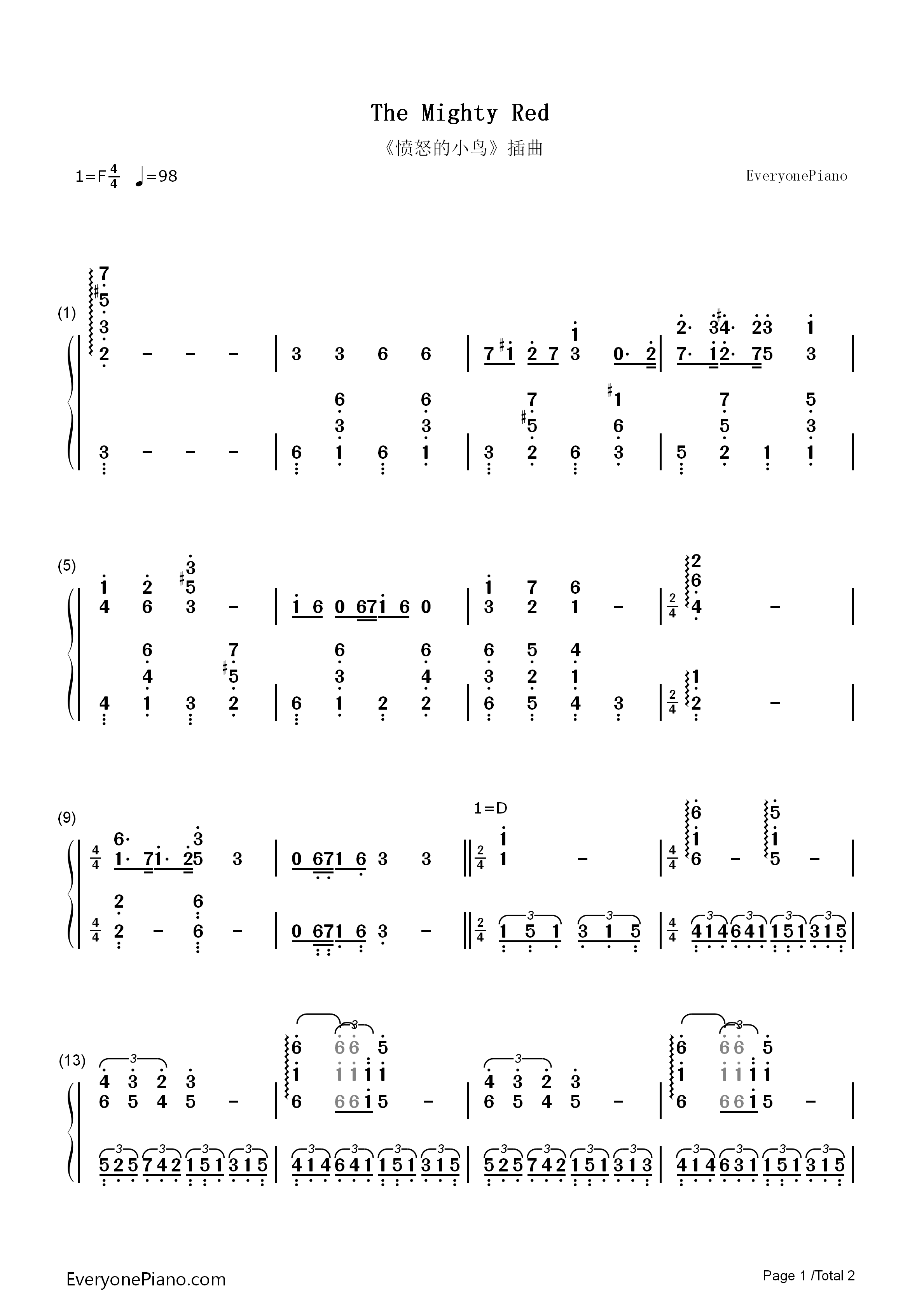 The_Mighty_Red_Song钢琴简谱_Heitor_Pereira演唱