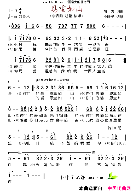 恩重如山简谱_李丹阳演唱_胡力/胡力词曲