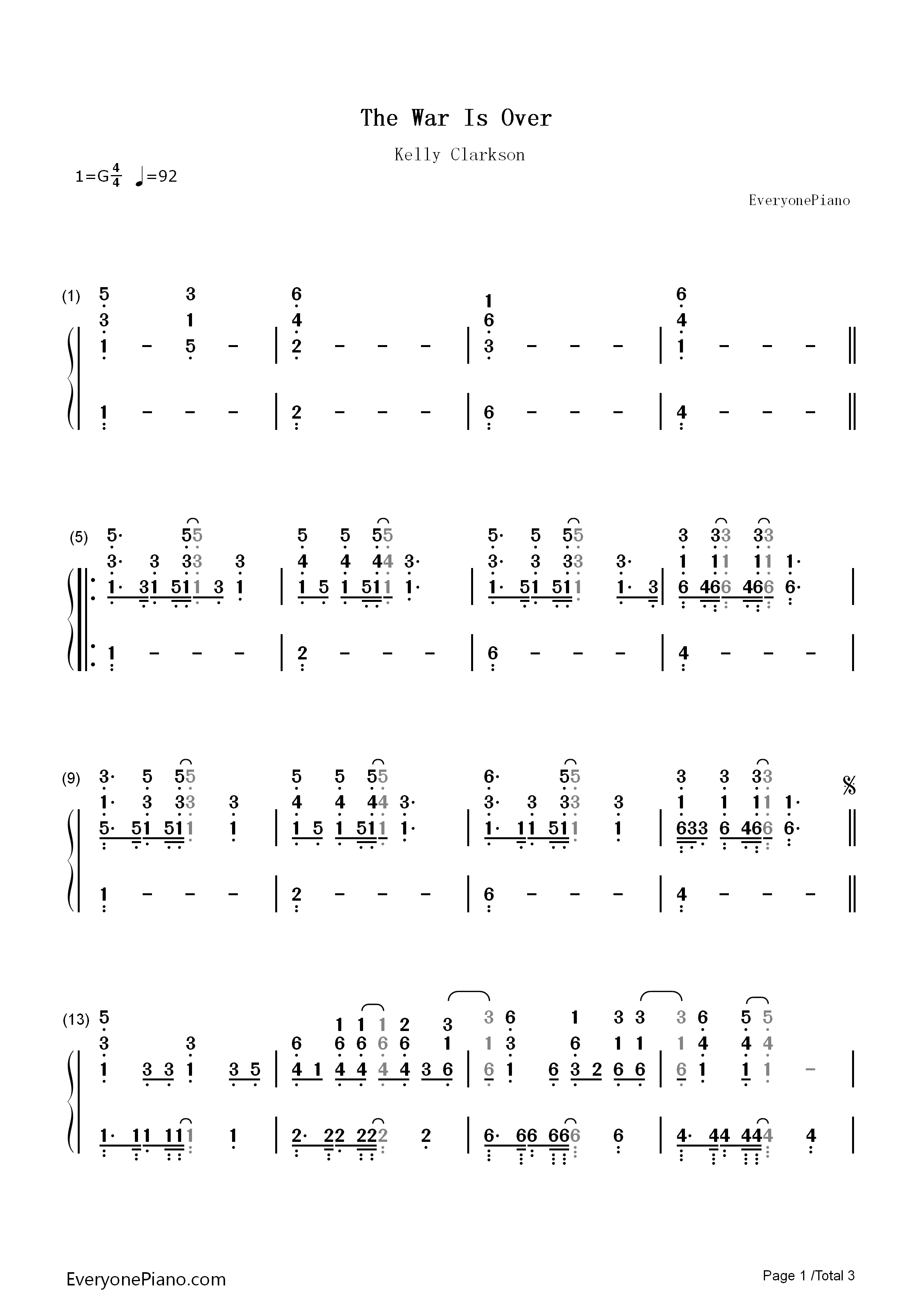 The_War_Is_Over钢琴简谱_Kelly_Clarkson演唱