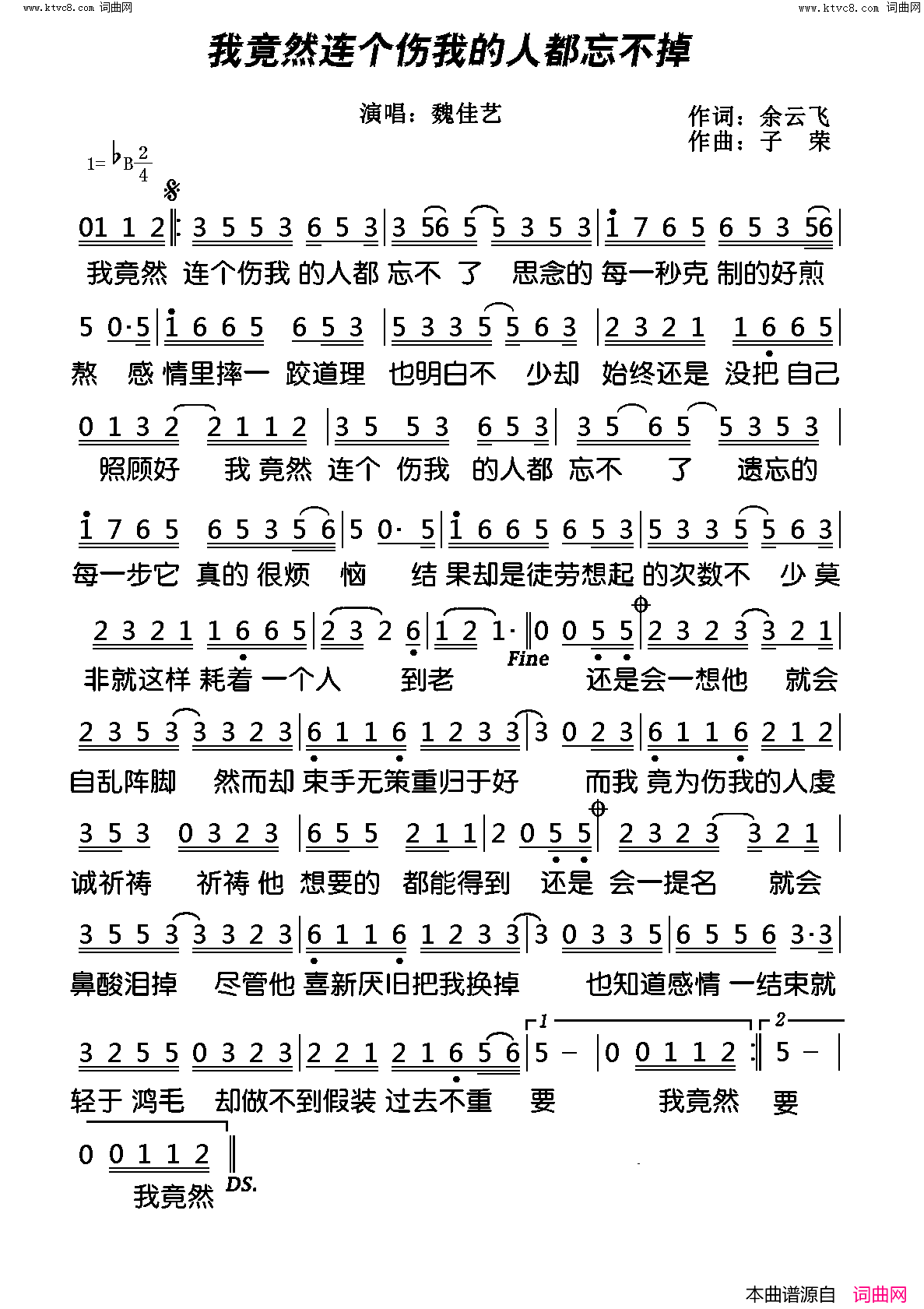 我竟然连个伤我的人都忘不了简谱_魏佳艺演唱_余云飞/子荣词曲