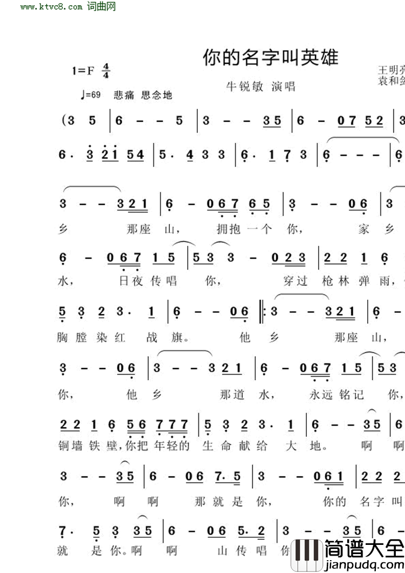 你的名字叫英雄简谱_牛锐敏演唱_王明亮/袁和剑词曲