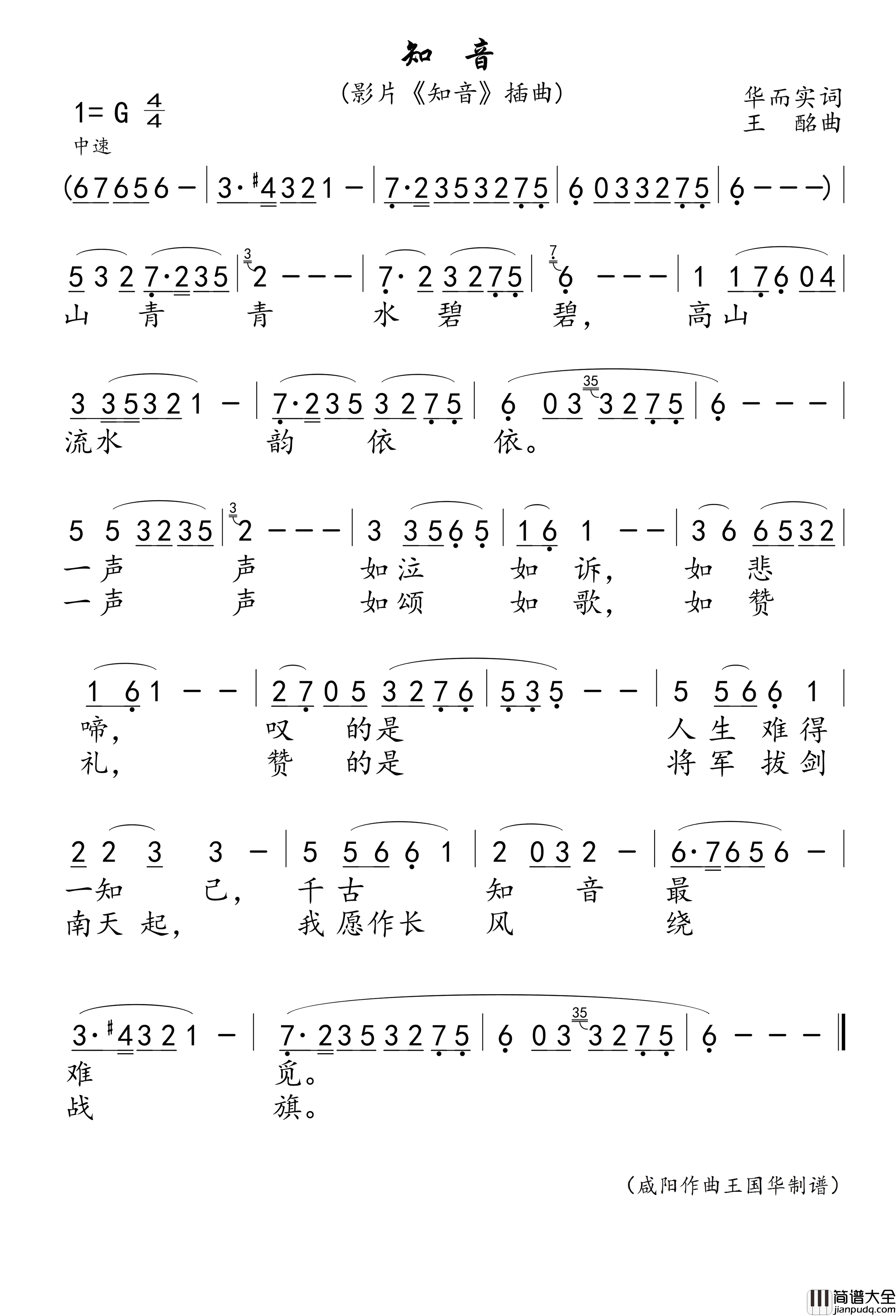 知音简谱_李谷一演唱_王国华制谱