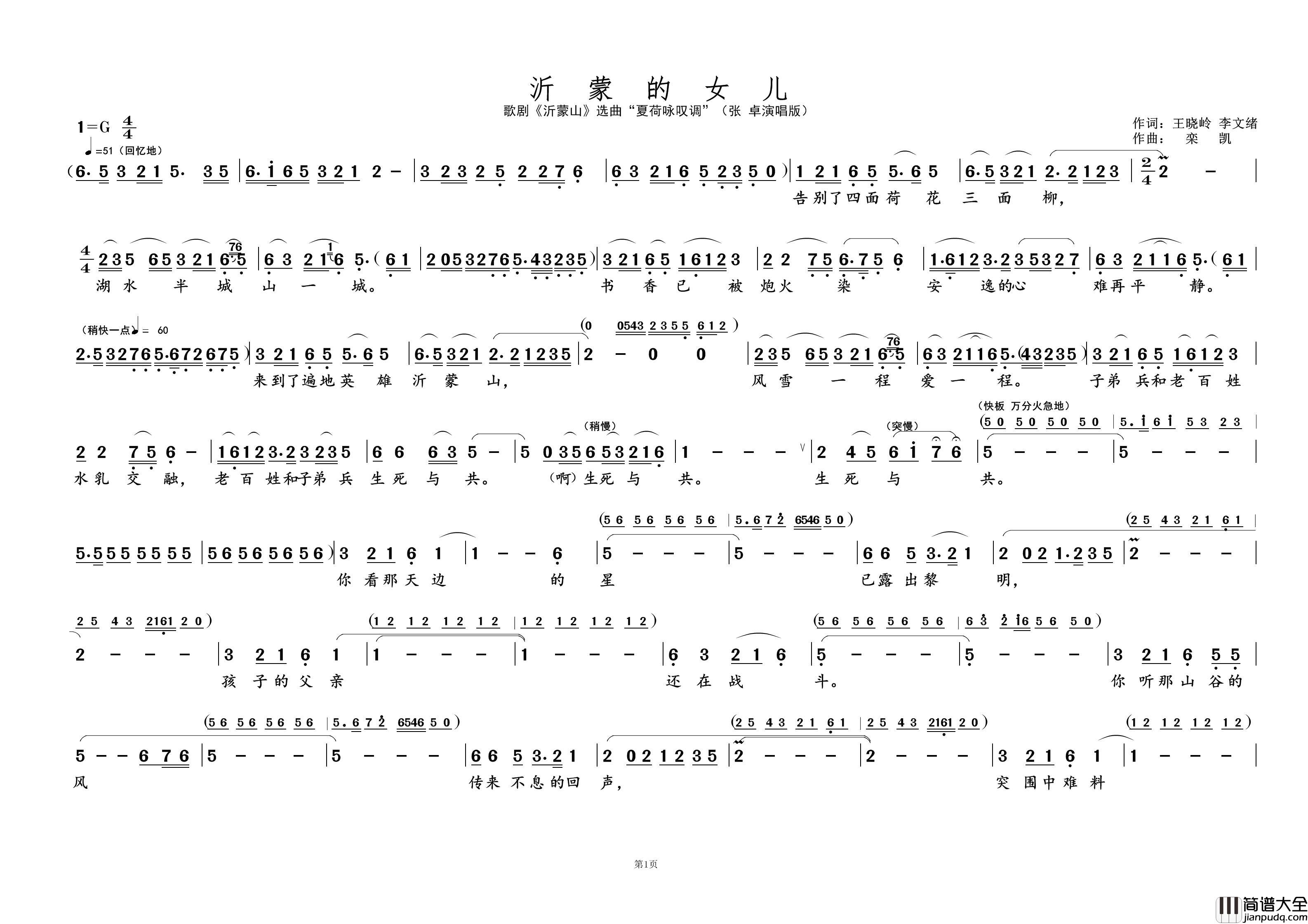 沂蒙的女儿①（歌剧选曲）简谱_张卓演唱_黄天祥制作曲谱