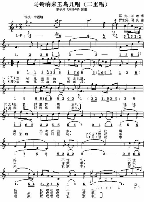 马铃响来玉鸟儿唱_阿诗玛_插曲简谱