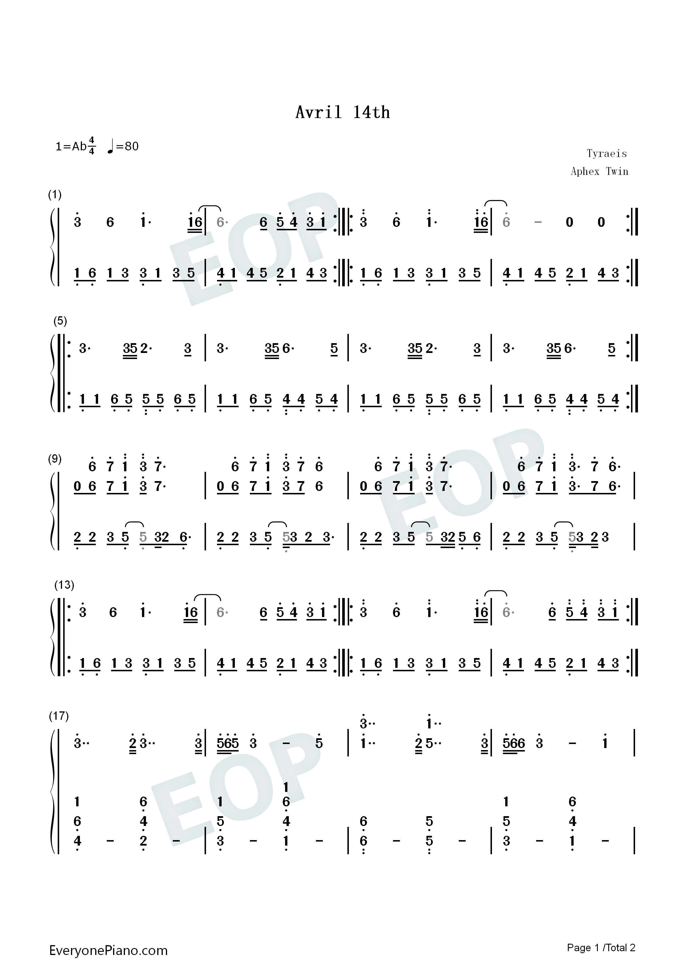 Avril_14th钢琴简谱_Aphex_Twin演唱