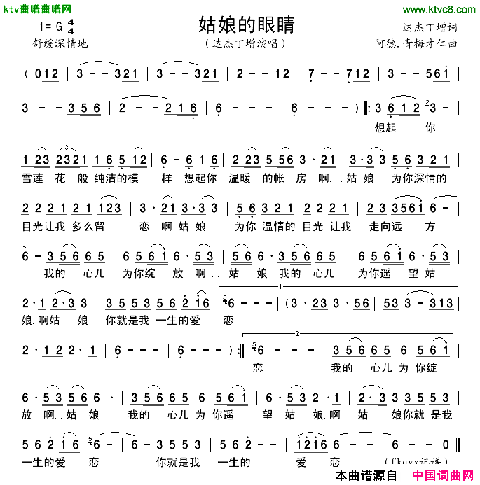 姑娘的眼睛简谱_达杰丁增演唱
