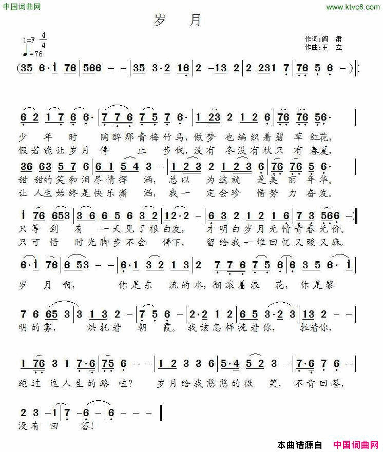岁月阎肃词王立曲岁月阎肃词_王立曲简谱