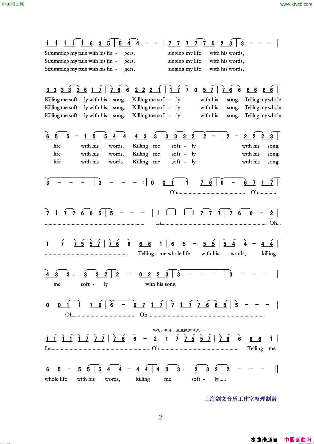 KillingMeSoftlyWithHisSong一曲销魂简谱_邓丽君演唱_诺尔曼.吉伯尔、诺尔曼.吉伯尔/查尔斯、弗克斯词曲