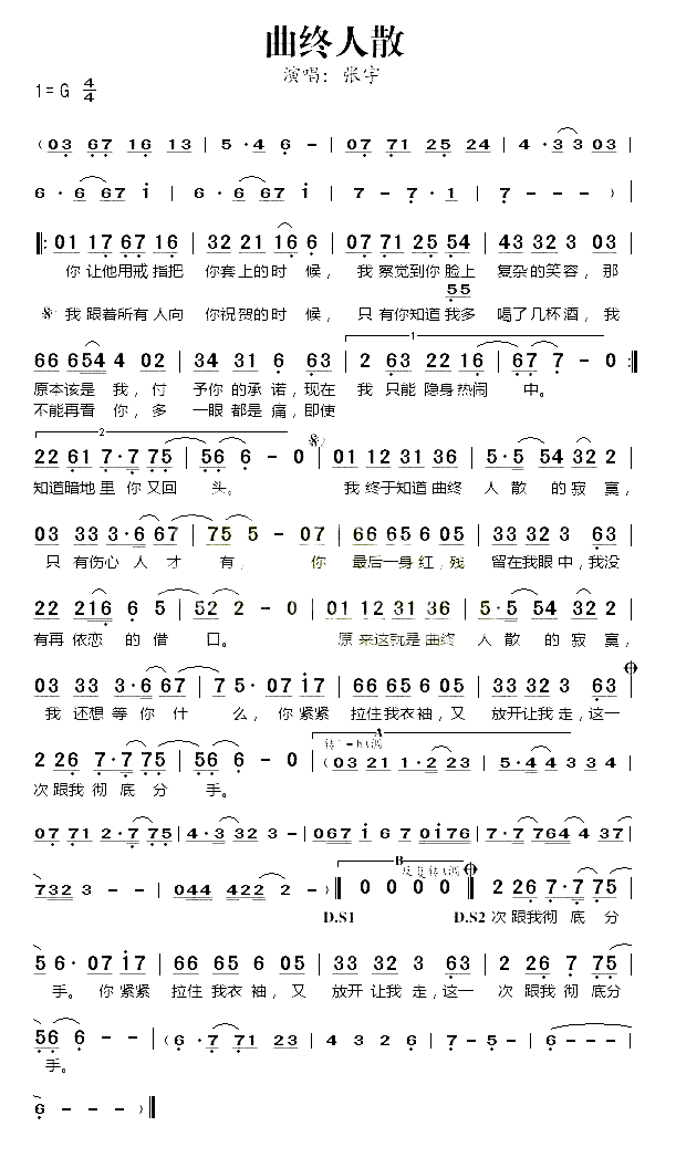 曲终人散简谱_张宇演唱
